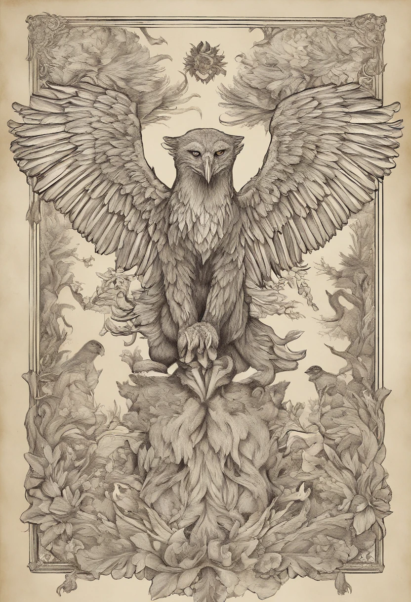 Create an intricate and detailed 4K (UHD) illustration of a Nesfelin, a mythical being described in the 'Guide to Magical Creatures.' The Nesfelin has the anatomy of a regular-sized lion but is engulfed in flames. Its head possesses four distinct faces – that of a lion, a bull, something resembling a human, and an eagle. Each face gives rise to a pair of wings, with each pair differing from the others, believed to be intricately tied to the meaning of each face.

According to scriptures, Nesfelins are descendants of ancient beings that once inhabited the earth. While their powers remain shrouded in mystery, it is known that the presence of a Nesfelin wards off all creatures of darkness and demons. The environment is restored, and other animals emerge to inhabit the area. Reports suggest that those who attempted to capture a Nesfelin simply perished, without even the chance to approach. There are also accounts of an entire group planning to capture a Nesfelin that simply vanished without a trace.

The criteria or reason for a Nesfelin's appearance remains unknown; they neither eat nor sleep, simply existing. Their powers continue to be a mystery, but if one finds themselves amidst fields with a path of flowers and wild fruits, it is an indication that a Nesfelin has passed through. The areas in which a Nesfelin passes are forever untouched by darkness, becoming sacred grounds where evil cannot exist.

The powers of the Nesfelins are extensive. Their mere presence permanently expels any malevolent entities. Their flames can heal and cure any disease or injury, even bringing the deceased back to life if they are virtuous. The pair of eagle wings can manipulate reality, with their flaps creating waves that compress and stretch time and reality. The flapping of these wings can purify the air, making it unbreathable for malevolent creatures. This pair of wings also allows the Nesfelin to shift between planes, existing in both the material and non-material realms. Th