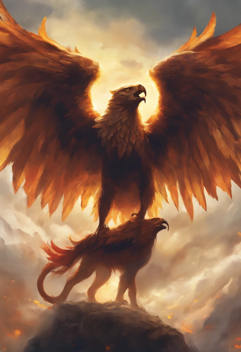 Create an intricate and detailed 4K (UHD) illustration of a Nesfelin, a mythical being described in the 'Guide to Magical Creatures.' The Nesfelin has the anatomy of a regular-sized lion but is engulfed in flames. Its head possesses four distinct faces – that of a lion, a bull, something resembling a human, and an eagle. Each face gives rise to a pair of wings, with each pair differing from the others, believed to be intricately tied to the meaning of each face.
According to scriptures, Nesfelins are descendants of ancient beings that once inhabited the earth. While their powers remain shrouded in mystery, it is known that the presence of a Nesfelin wards off all creatures of darkness and demons. The environment is restored, and other animals emerge to inhabit the area. Reports suggest that those who attempted to capture a Nesfelin simply perished, without even the chance to approach. There are also accounts of an entire group planning to capture a Nesfelin that simply vanished without a trace.
The criteria or reason for a Nesfelin's appearance remains unknown; they neither eat nor sleep, simply existing. Their powers continue to be a mystery, but if one finds themselves amidst fields with a path of flowers and wild fruits, it is an indication that a Nesfelin has passed through. The areas in which a Nesfelin passes are forever untouched by darkness, becoming sacred grounds where evil cannot exist.
The powers of the Nesfelins are extensive. Their mere presence permanently expels any malevolent entities. Their flames can heal and cure any disease or injury, even bringing the deceased back to life if they are virtuous. The pair of eagle wings can manipulate reality, with their flaps creating waves that compress and stretch time and reality. The flapping of these wings can purify the air, making it unbreathable for malevolent creatures. This pair of wings also allows the Nesfelin to shift between planes, existing in both the material and non-material realms. Th
