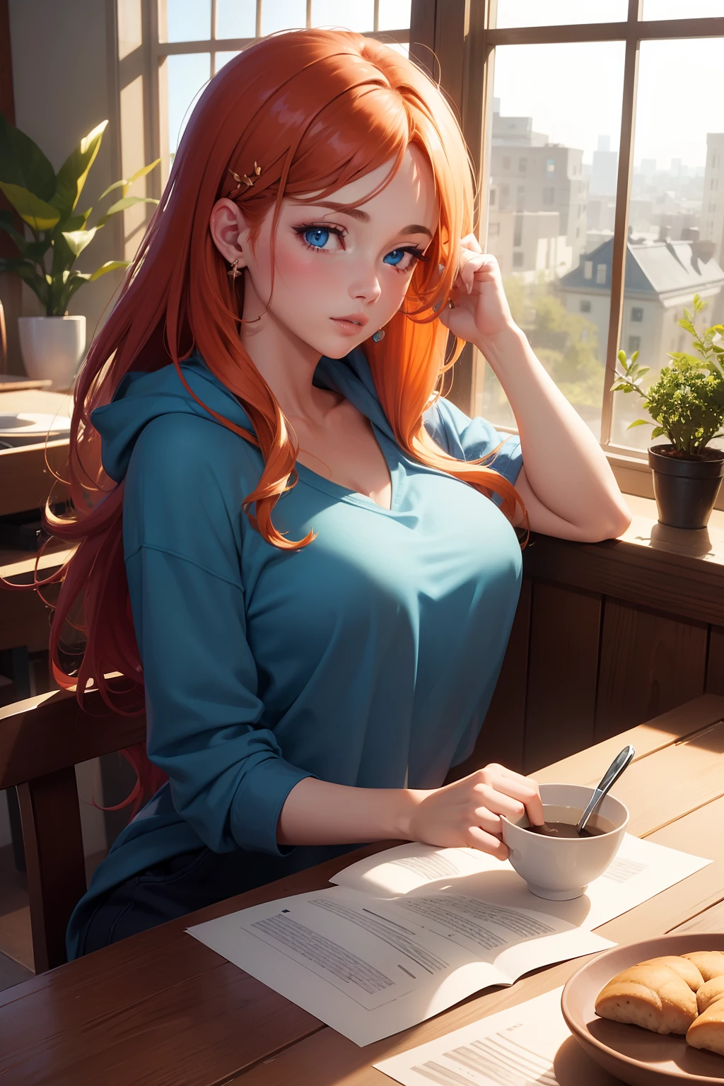 (masterpiece best quality), solo, 1girl, thick lips, blue eyes, ginger hair, tan, money tuck, bedroom, window, scoop neck, half up half down hair, hair ornament, large breasts, jewelry, plant, detailed illustration, restaurant, sitting at table, hoodie,