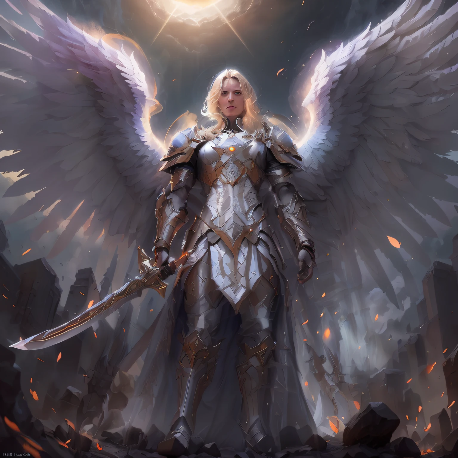 Create an image of an archangel with four large wings who is leading an army of angels to fight the forces of evil dragon in an epic battle. He has a flaming sword in one hand and a shield in the other, and his face is determined and courageous. UHD, high details, super detail, best quality, 8k ,light,the angel's face is invisible because of the bright rays of light,He has a flaming sword in both hands,a sword is pierces the dragon's head,dragons head is looking like dead