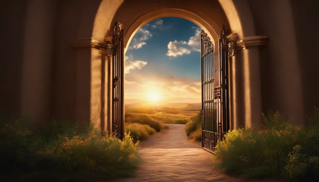 A vast sky where a door to the sky is opened and a light shines down from inside the gate