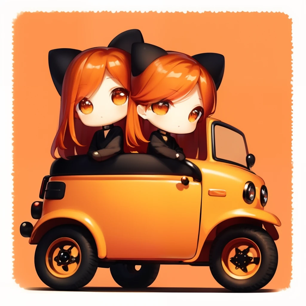 ​masterpiece、detaileds、For children３Wheeled vehicles、Soft lighting、Long redhead goth cat girl、Orange-eyed chibi、white backgrounid、simple background