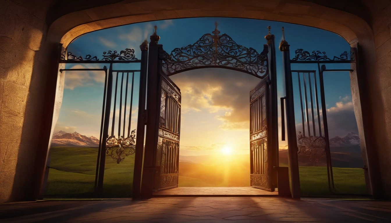 A vast sky where a door to the sky is opened and a light shines down from inside the gate