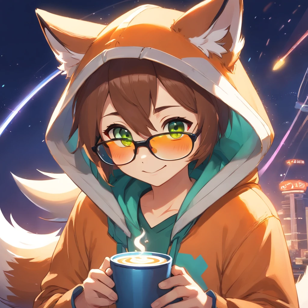 Adorable fox in Pixar movie style, Wearing a hood, cinematic lightening, Depth detection, ultra-detailliert, The 8k quality. depth of fields,Perfect Lighting,light Particle,(Best Quality),(tmasterpiece),(ultra - detailed),Sharp Focus,light Particle,rainbows,Fox,Man's,God's Eye,Green_eye,up looking_In_viewer,Smile,Very few,Furry, Tiere_ear_fluff,Open Sky_attire,Waisted with one hand,Upper body,tail,Short-sleeved shirt,Eyeglasses,sunbeams,Soft smile,From below,holding coffee(Fox, Furry, anthropomorphic), Man's, Best Quality, Human-like body shape), Watch viewers with orange hoodies and sunglasses holding mobile phones, Fox, avatar image, In a futuristic outfit, CG Settings ),CA, professional art, cgsociety - w 1 0 2 4 - n 8 - i,The name is Kang, Your name is Kang