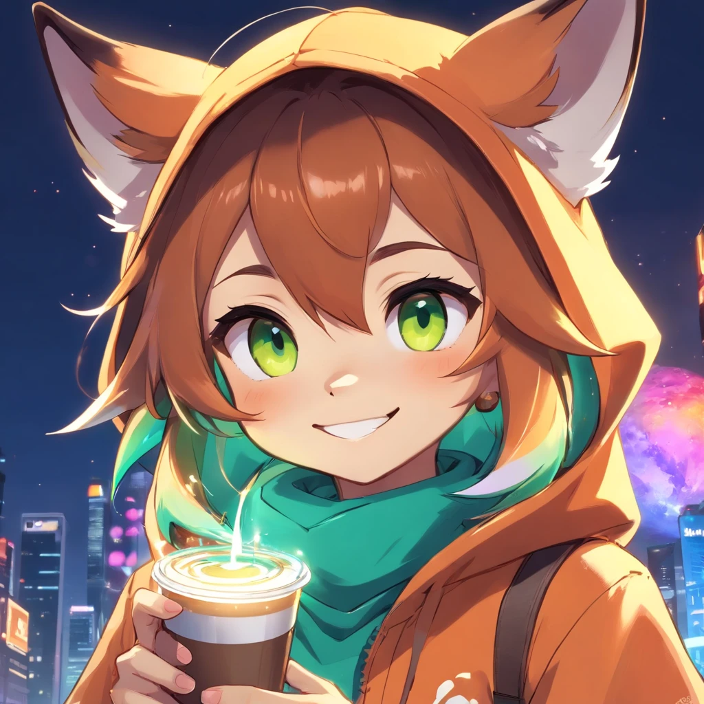 Adorable fox in Pixar movie style, Wearing a hood, cinematic lightening, Depth detection, ultra-detailliert, The 8k quality. depth of fields,Perfect Lighting,light Particle,(Best Quality),(tmasterpiece),(ultra - detailed),Sharp Focus,light Particle,rainbows,Fox,Man's,God's Eye,Green_eye,up looking_In_viewer,Smile,Very few,Furry, Tiere_ear_fluff,Open Sky_attire,Waisted with one hand,Upper body,tail,Short-sleeved shirt,Eyeglasses,sunbeams,Soft smile,From below,holding coffee(Fox, Furry, anthropomorphic), Man's, Best Quality, Human-like body shape), Watch viewers with orange hoodies and sunglasses holding mobile phones, Fox, avatar image, In a futuristic outfit, CG Settings ),CA, professional art, cgsociety - w 1 0 2 4 - n 8 - i,The name is Kang, Your name is Kang
