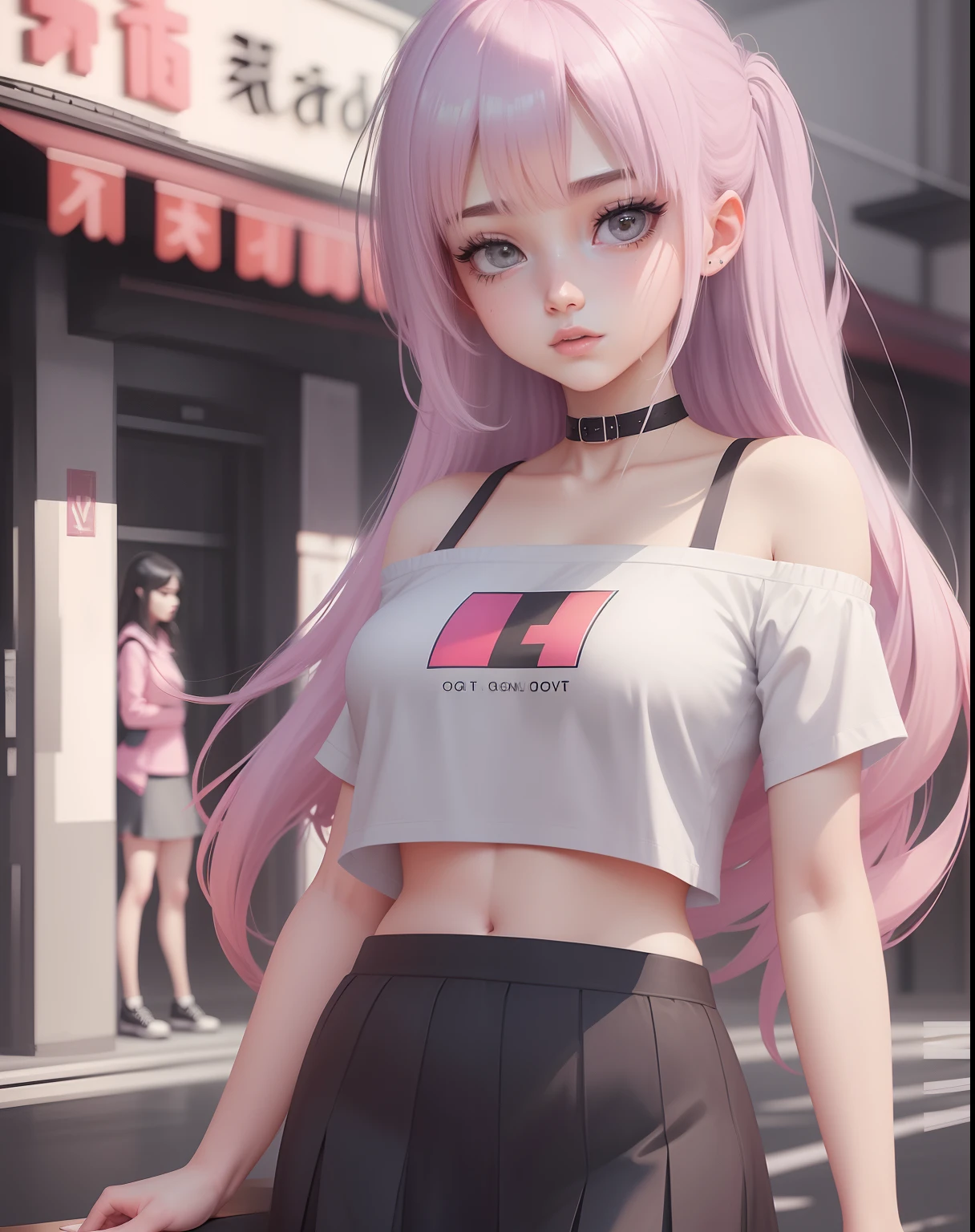 1girl, gold wavy medium long hair, blue eyes, wearing plain mid-drift sky-blue spaghetti shirt with word "Live, Love & Sleep", white short ruffles skirt, cyberpunk city alley at 7 pm, sitting on hood of a 2007 pink armored Subaru WRX, absurdness, high res, ultrasharp, 8K, masterpiece, looking at viewer