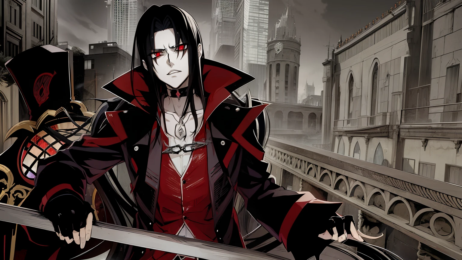 Anime style, anime version, vampire boy, alucard, metalhead boy, Black long hair boy, close face, extreme long hair boy, vampire style, gothic boy, vanitas