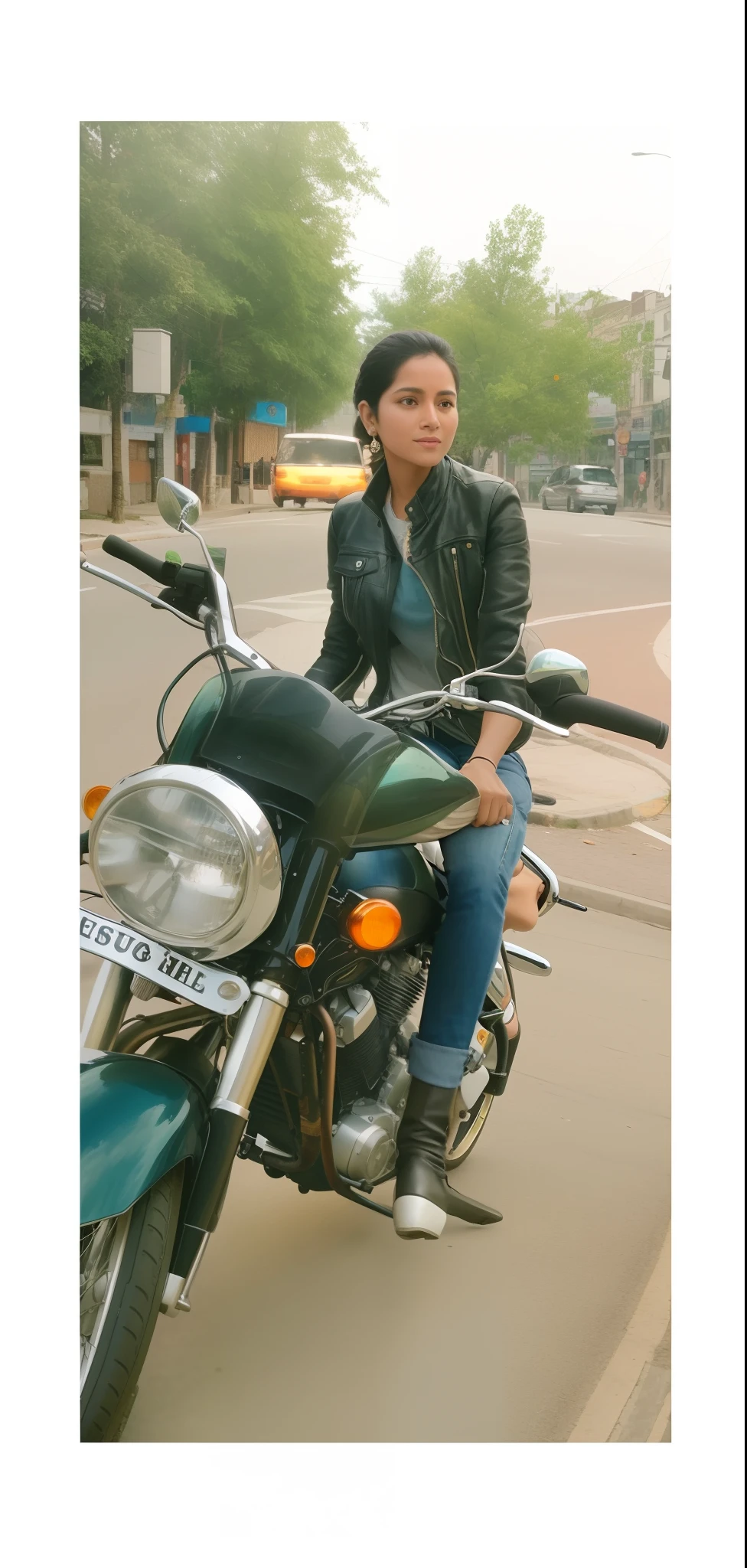 there is a woman sitting on a motorcycle on the street, without helmet, !! low contrast!!, candid picture, touring, candid photo, with lovely look, symmetry!!, symmetry!! full shot!!, indian, symmetric!!, with denim jacket half boobs visible