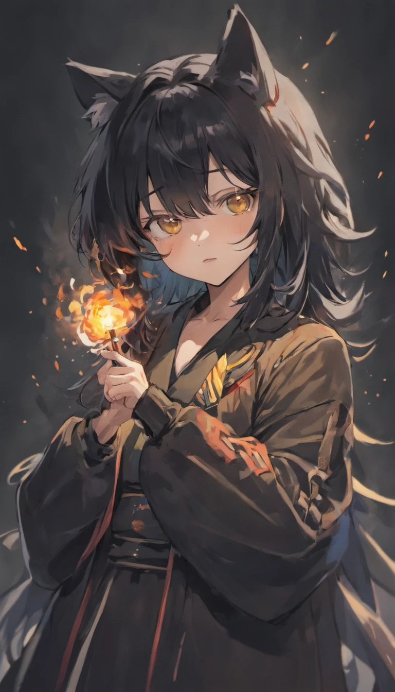 black hair wolf in costume. have a cigarette in your hand. Keep the collar of the costume closed