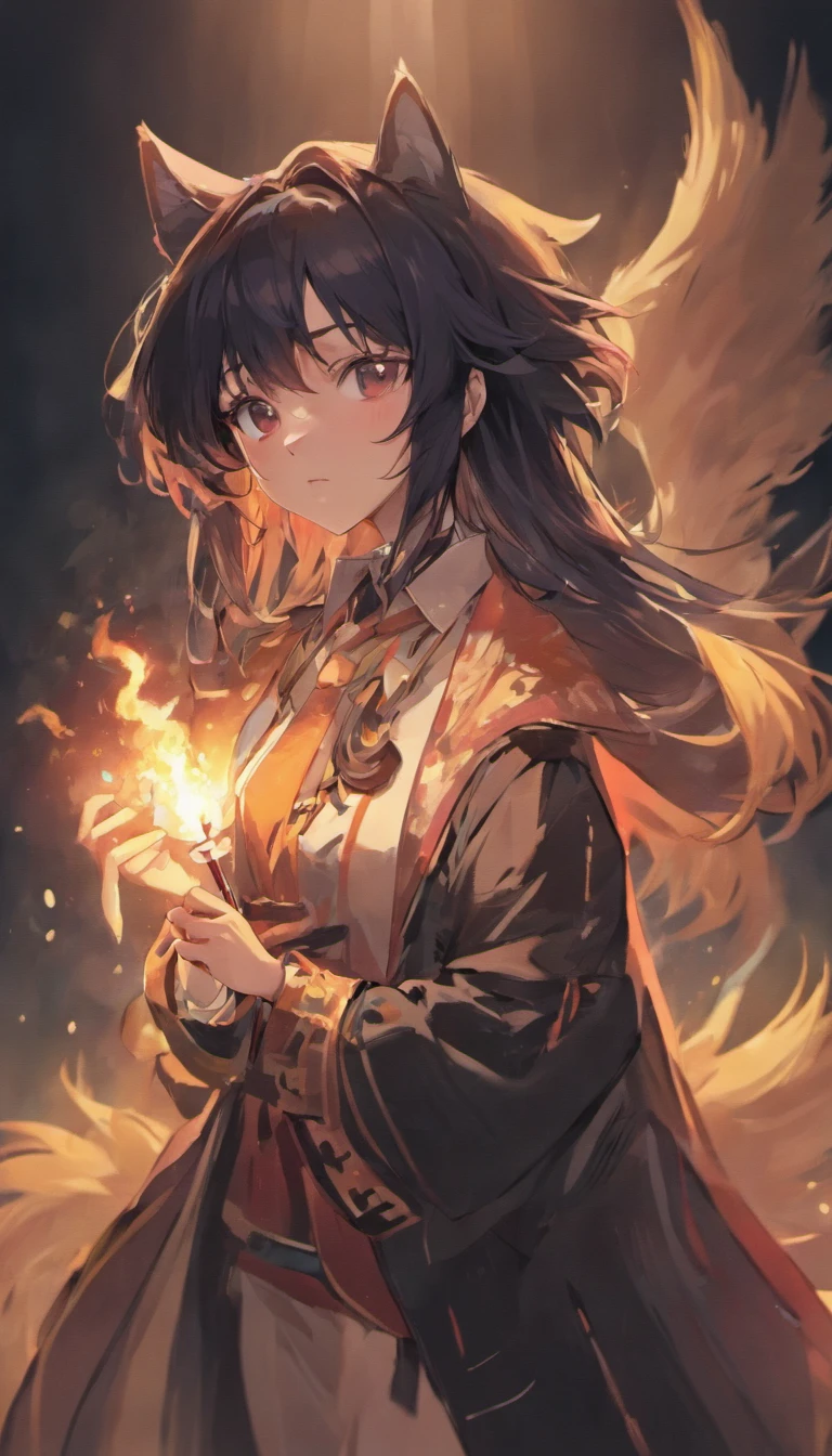 black hair wolf in costume. have a cigarette in your hand. Keep the collar of the costume closed
