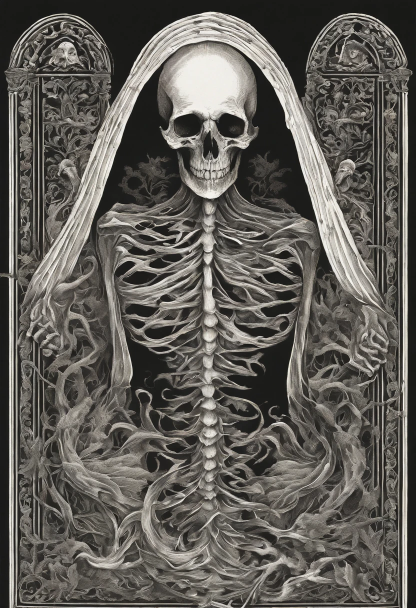 Generate an intricate 4K (UHD) illustration of a creature akin to the Angel of Death, with a striking absence of wings and facial features, replaced by a deep and profound black hole. The creature's body consists of an intricate lattice of bones, each inscribed with cryptic markings. Its form is a grotesque distortion, void of a defined shape, with an eerie and unsettling presence.

The creature clutches a lantern emitting a sickly, verdant flame, casting an eerie glow on its surroundings. The lantern's light reveals the intricate inscriptions on the creature's bones, hinting at forgotten knowledge or ancient curses. Within the recesses of its body, the tormented souls of humans are imprisoned, their silent suffering etched into the bones.

The color palette must be limited to shades of black and gray, evoking a somber and otherworldly ambiance. The image should be of the highest 4K resolution to capture every intricate detail, emphasizing the eerie void that occupies the creature's visage, leaving no semblance of a face.

Please ensure that the absence of a face and the presence of the black hole are distinctly conveyed in the illustration, while maintaining meticulous attention to detail in every aspect of the creature's skeletal form, inscriptions, and the eerie luminescence of the lantern's green flame. Capture the essence of this enigmatic and haunting entity