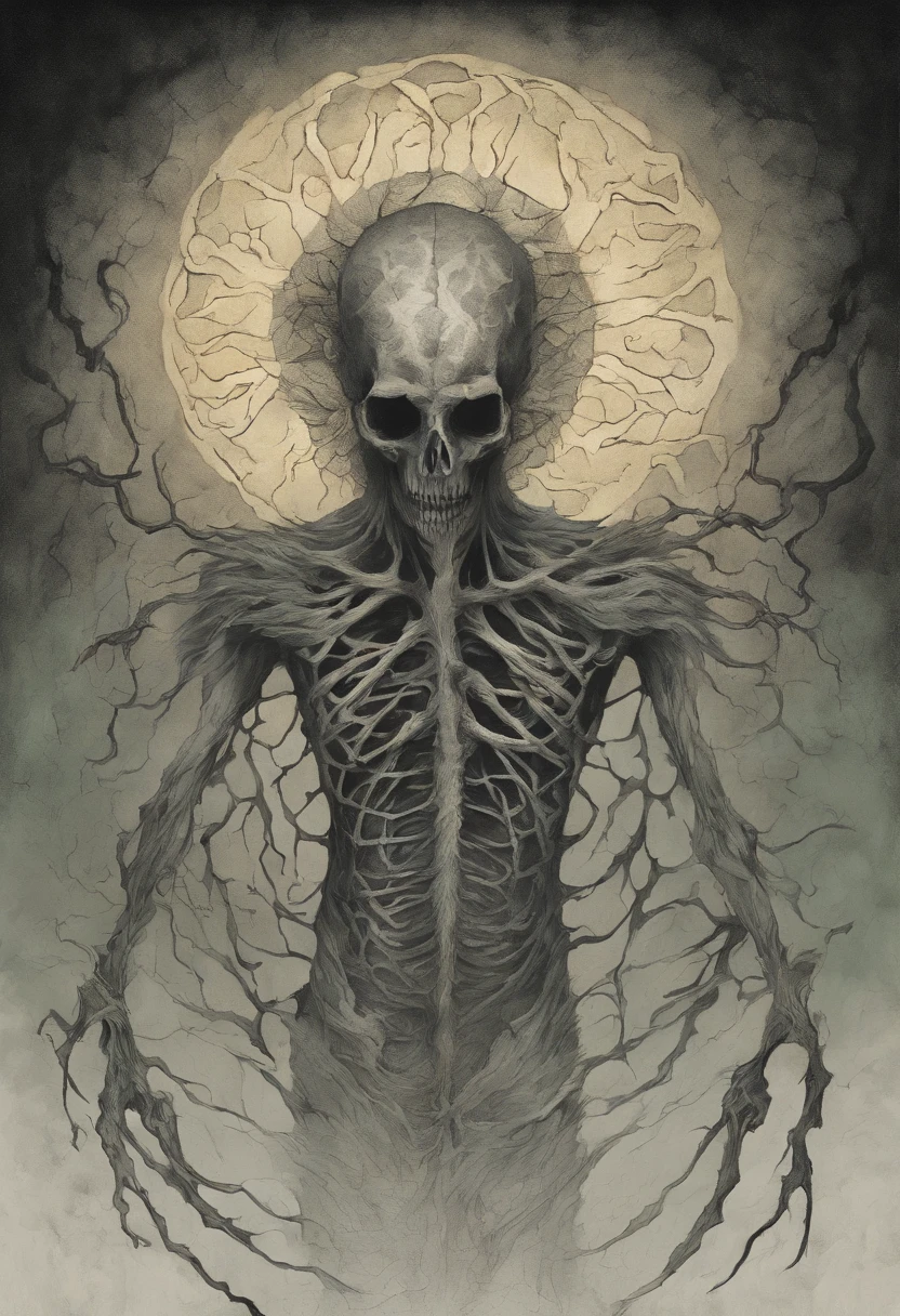 Generate an intricate 4K (UHD) illustration of a creature akin to the Angel of Death, with a striking absence of wings and facial features, replaced by a deep and profound black hole. The creature's body consists of an intricate lattice of bones, each inscribed with cryptic markings. Its form is a grotesque distortion, void of a defined shape, with an eerie and unsettling presence.
The creature clutches a lantern emitting a sickly, verdant flame, casting an eerie glow on its surroundings. The lantern's light reveals the intricate inscriptions on the creature's bones, hinting at forgotten knowledge or ancient curses. Within the recesses of its body, the tormented souls of humans are imprisoned, their silent suffering etched into the bones.
The color palette must be limited to shades of black and gray, evoking a somber and otherworldly ambiance. The image should be of the highest 4K resolution to capture every intricate detail, emphasizing the eerie void that occupies the creature's visage, leaving no semblance of a face.
Please ensure that the absence of a face and the presence of the black hole are distinctly conveyed in the illustration, while maintaining meticulous attention to detail in every aspect of the creature's skeletal form, inscriptions, and the eerie luminescence of the lantern's green flame. Capture the essence of this enigmatic and haunting entity