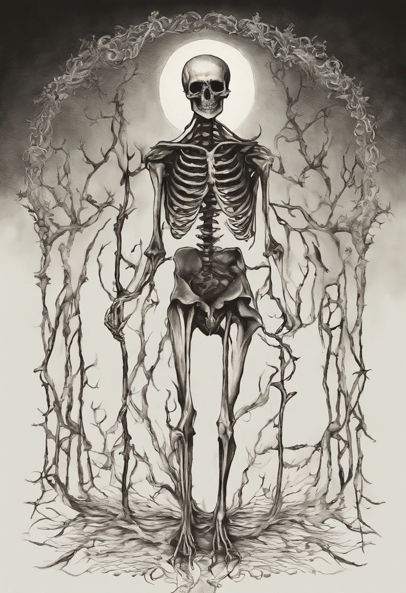 Generate an intricate 4K (UHD) illustration of a creature akin to the Angel of Death, with a striking absence of wings and facial features, replaced by a deep and profound black hole. The creature's body consists of an intricate lattice of bones, each inscribed with cryptic markings. Its form is a grotesque distortion, void of a defined shape, with an eerie and unsettling presence.

The creature clutches a lantern emitting a sickly, verdant flame, casting an eerie glow on its surroundings. The lantern's light reveals the intricate inscriptions on the creature's bones, hinting at forgotten knowledge or ancient curses. Within the recesses of its body, the tormented souls of humans are imprisoned, their silent suffering etched into the bones.

The color palette must be limited to shades of black and gray, evoking a somber and otherworldly ambiance. The image should be of the highest 4K resolution to capture every intricate detail, emphasizing the eerie void that occupies the creature's visage, leaving no semblance of a face.

Please ensure that the absence of a face and the presence of the black hole are distinctly conveyed in the illustration, while maintaining meticulous attention to detail in every aspect of the creature's skeletal form, inscriptions, and the eerie luminescence of the lantern's green flame. Capture the essence of this enigmatic and haunting entity