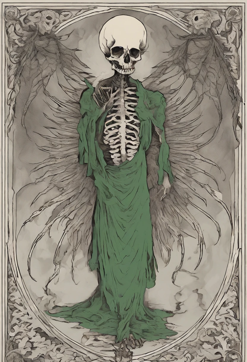 Generate an intricate 4K (UHD) illustration of a creature akin to the Angel of Death, with a striking absence of wings and facial features, replaced by a deep and profound black hole. The creature's body consists of an intricate lattice of bones, each inscribed with cryptic markings. Its form is a grotesque distortion, void of a defined shape, with an eerie and unsettling presence.
The creature clutches a lantern emitting a sickly, verdant flame, casting an eerie glow on its surroundings. The lantern's light reveals the intricate inscriptions on the creature's bones, hinting at forgotten knowledge or ancient curses. Within the recesses of its body, the tormented souls of humans are imprisoned, their silent suffering etched into the bones.
The color palette must be limited to shades of black and gray, evoking a somber and otherworldly ambiance. The image should be of the highest 4K resolution to capture every intricate detail, emphasizing the eerie void that occupies the creature's visage, leaving no semblance of a face.
Please ensure that the absence of a face and the presence of the black hole are distinctly conveyed in the illustration, while maintaining meticulous attention to detail in every aspect of the creature's skeletal form, inscriptions, and the eerie luminescence of the lantern's green flame. Capture the essence of this enigmatic and haunting entity