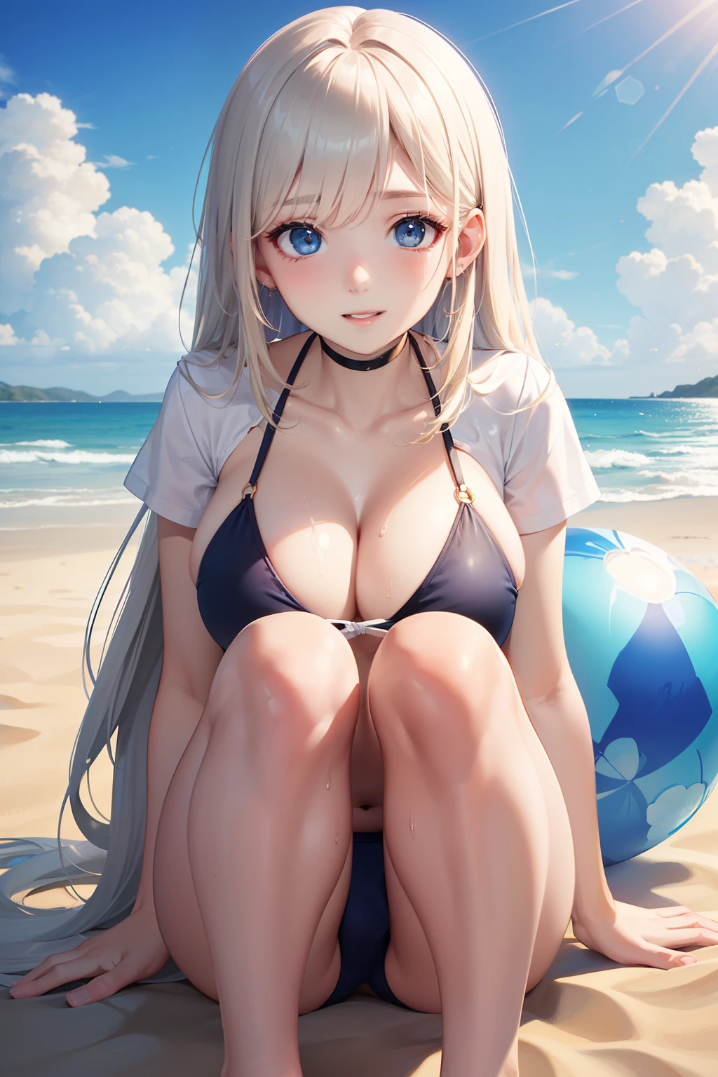 ((top-quality、​masterpiece:1.3))、((Russian beauties))、1 female、Very cute face、18year old、Colossal tits:1.3、Slender body type:1.1、Glossy white beautiful skin、The most beautiful bright blonde super long hair in the world、(the beach、Wet body、pretty bikini:1.1)、Super Detailed Face、Detailed lips、detailedeyes、二重まぶた、beach balls、blue-sky、​​clouds、look left、kneeking、blue eyess、wide Shots, 1 girl, Super long hair, Beautiful and cute 17 year old beautiful girl、Beautiful bangs、Very beautiful face、bright expression、Big beautiful blue eyes, Bright and dazzling platinum blonde、Long straight hair、Eyebrows behind bangs、student clothes、School Uniforms、textured white skin, Best Quality, 4K high resolution、glowy skin, high details