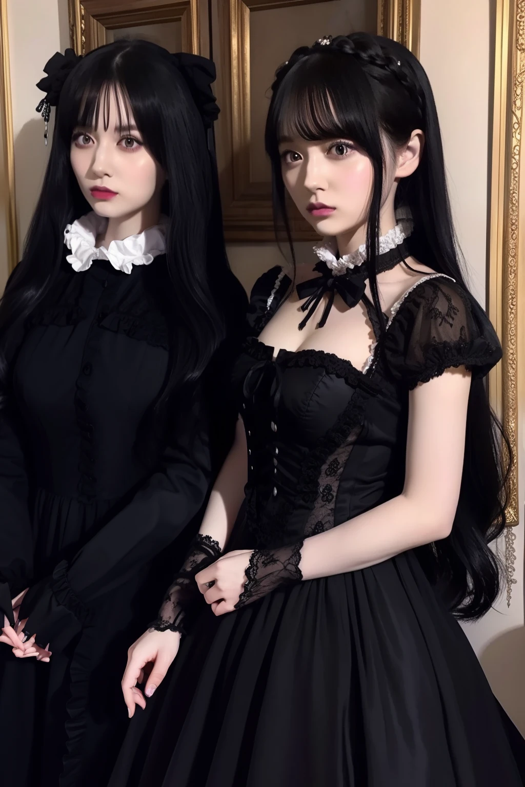 Anime, gothgirl, an emo girl, Long hair, ta Hair, gothic dress, Black Dress, victorian dress, White eyes, gothic art style, In the mansion, Two maids behind,