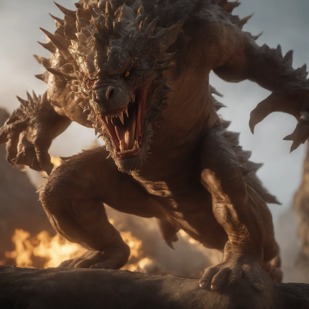 Golden Tenryu，Harsh red eyes,Close-up release of blood fire from the nose,Chest scales,high high quality,8K,Many details,Fire lettuce,Alas,4 legs,Spotted claws,golds,dangers,fires,dentes pontiagudos,big dragon,immensity,threatening,imponent