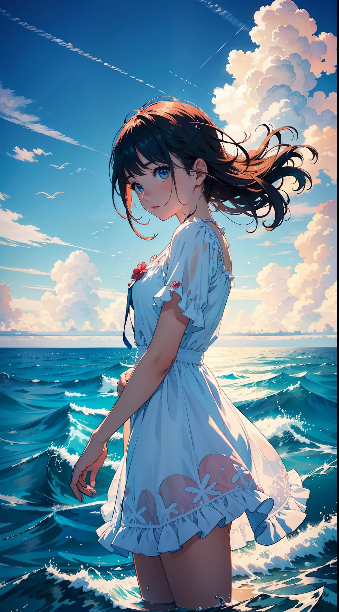 Anime girl standing in the ocean with her hair blowing in the wind