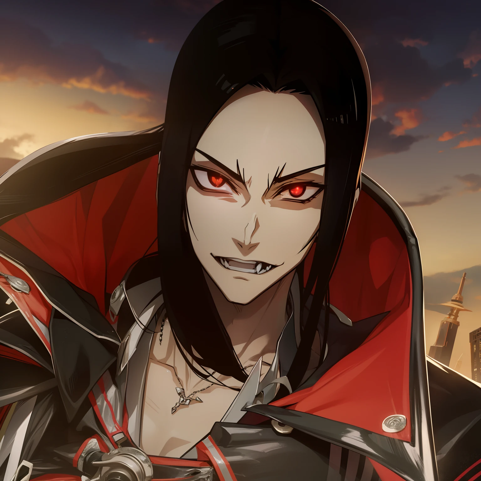 Anime style, anime version, vampire boy, alucard, metalhead boy, Black long hair boy, close face, extreme long hair boy, vampire style, gothic boy, vanitas