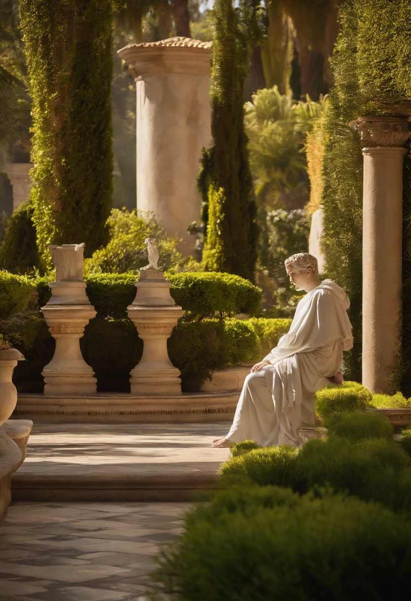 The garden:
A spacious and lush garden, with stone or marble paths.
Large green leafy trees that provide shade.
Arbustos y flores que decoran el paisaje.
A marble or stone bench where Brutus might be pondering.
Golden light from the afternoon sun bathing the garden.
Bruto:
Bruto vestido con una toga romana, standing in the center of the garden.
Your thoughtful, worried expression as you struggle with your thoughts.
Porcia:
Porcia approaching Brutus with a worried look on his face.
Dressed in an elegant robe.
Ligario:
Ligario in a corner of the garden, observing the conversation between Brutus and Porcia.
Dressed in discreet clothes and a certain expression.
Caesar's Palace:
En el fondo, a structure representing Caesar's palace.
A subtle change in lighting and background music to indicate that important political decisions are being made there.