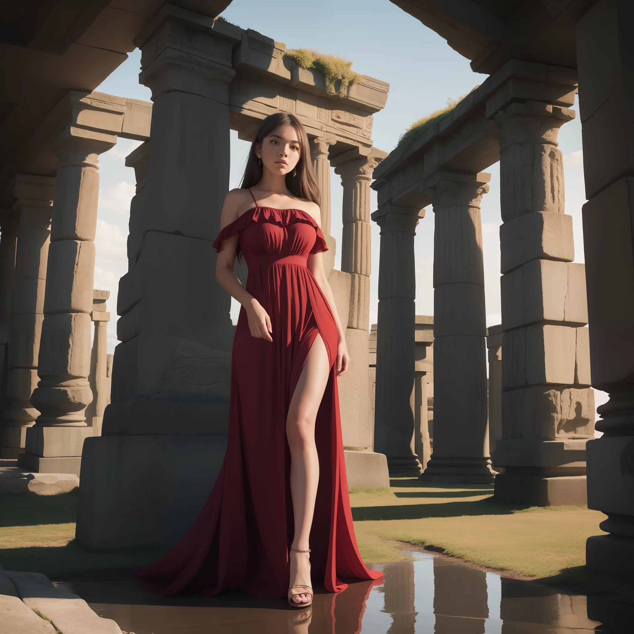 Chiaroscuro, masutepiece, Super Detail, High quality, awardwinning, 8K, (girl), Solo, Modern Red Long Dress, Portrait Style, close up, At the foot of ancient megaliths like Stonehenge, Cinematic Light, reflective light, vignetted, Detailed fingers