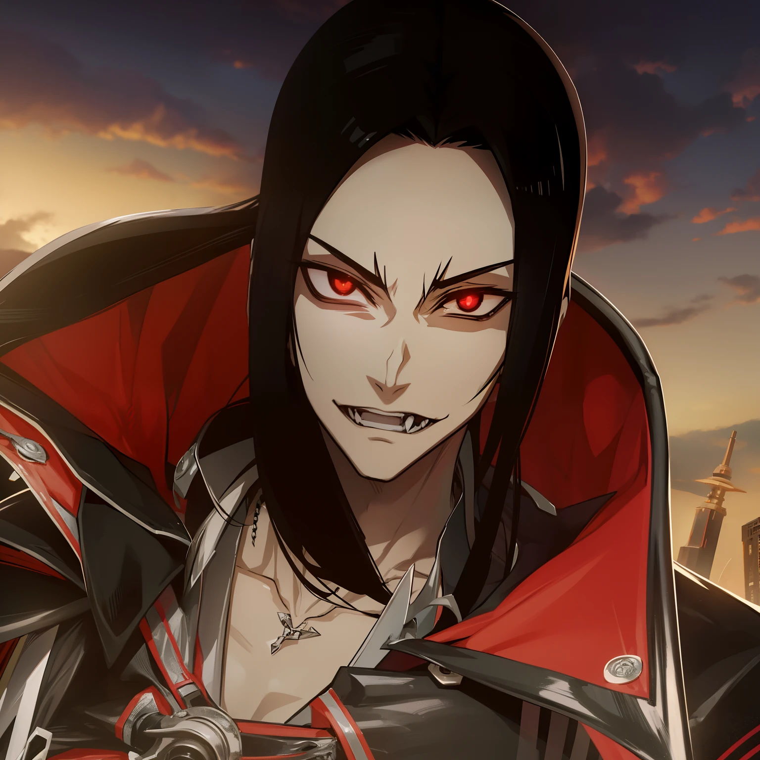 Anime style, anime version, vampire boy, alucard, metalhead boy, Black long hair boy, close face, extreme long hair boy, vampire style, gothic boy, vanitas