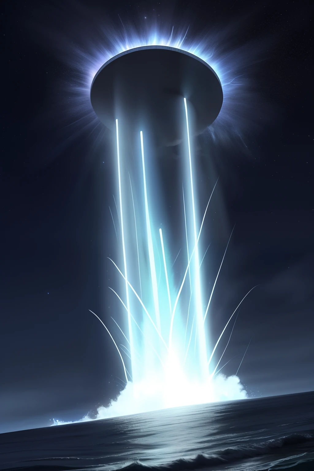 arte de luz neon, No escuro da noite, Um navio alto navega pelos mares iluminados pela lua, nuvem, lua, Estrelas, colorido, circunstanciado, 4k Jesus, tiro de corpo inteiro, olhos firmes, olhando para frente, lightning in the sky, arms extended, olhando para frente, parado no topo de uma montanha, manto e capa vermelhos, cruz brilhante no ar