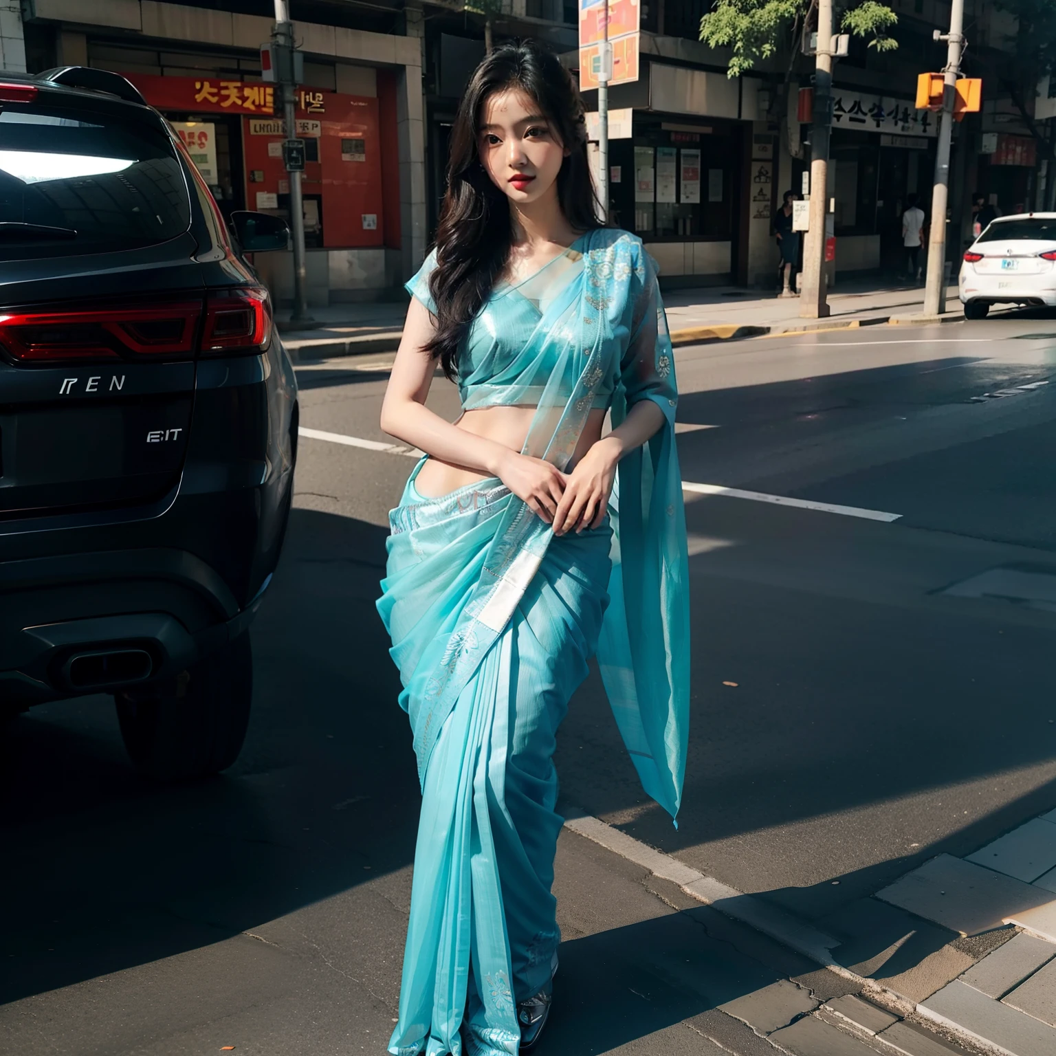 Hot Korean girl in saree on street , hyper realistic Image