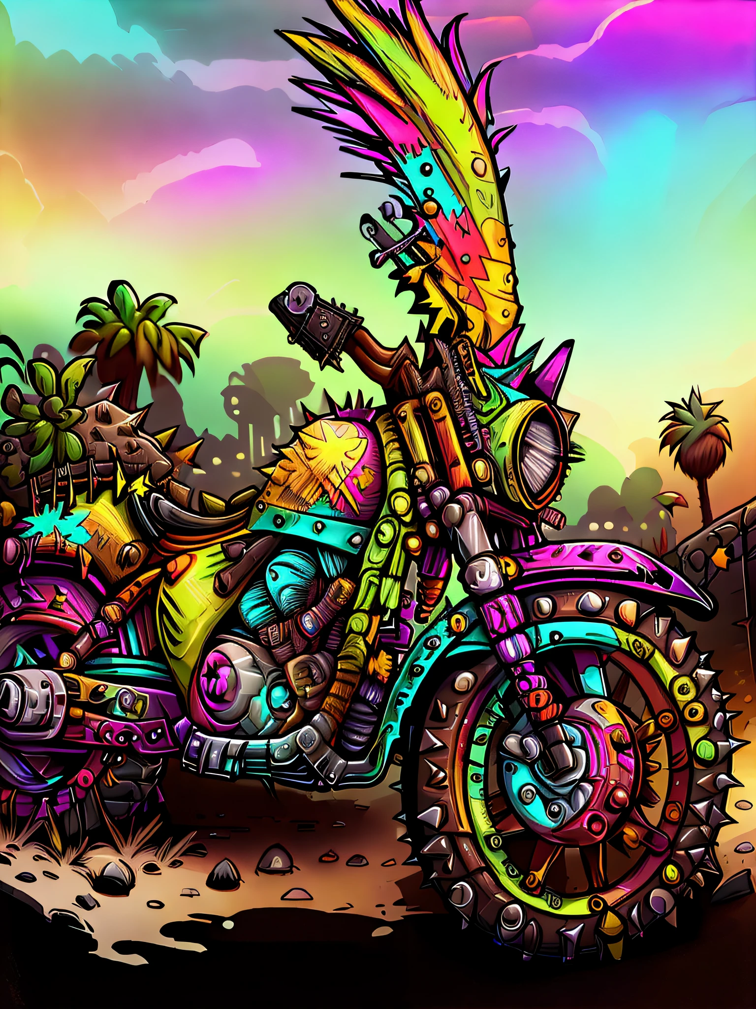 PunkPunkAI colorido, (1 motocicleta), nuvens, ambiente desordenado, Mad Max