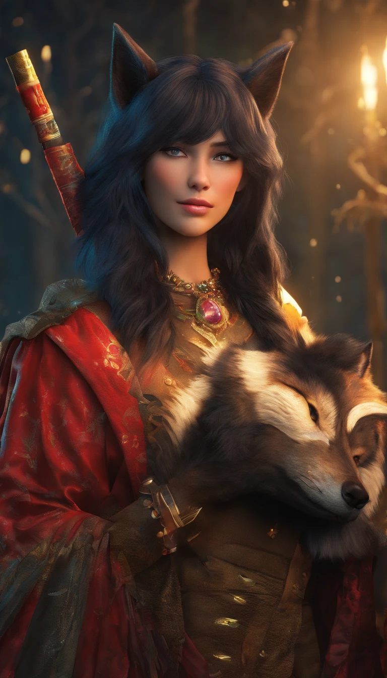 (highres,masterpiece:1.2),black hair wolf in costume,closed collar,holding a cigarette,expressive eyes,fierce expression,vivid colors,detail-rich fur,meticulous brushstrokes,dramatic lighting,enchanted forest,moonlit night,ambient glow