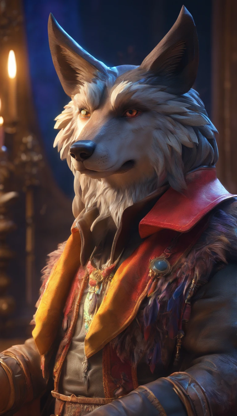 (highres,masterpiece:1.2),black hair wolf in costume,closed collar,holding a cigarette,expressive eyes,fierce expression,vivid colors,detail-rich fur,meticulous brushstrokes,dramatic lighting,enchanted forest,moonlit night,ambient glow