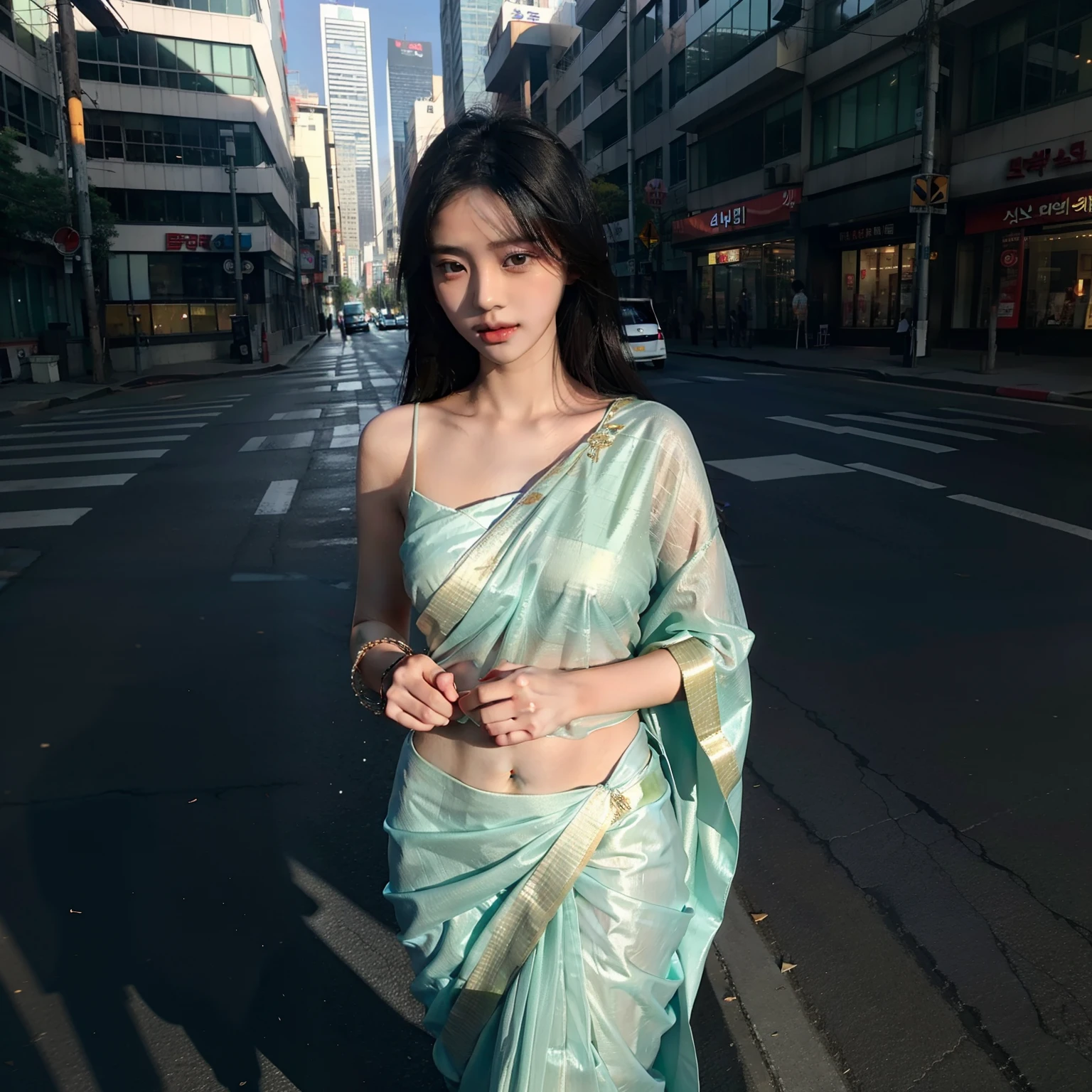 Hot Korean girl in saree on street , hyper realistic Image