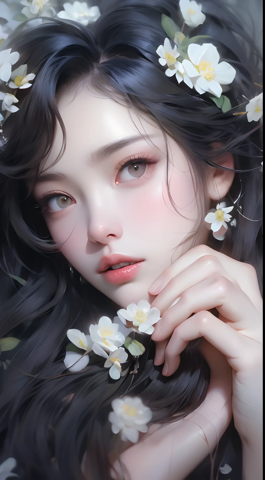 1 girl, upper body portrait close-up, black hair, flowing hair, hazy beauty, extremely beautiful facial features, purple embroidered dress, hairpin on head, lying in a flower bush, hands on the face, perfect anatomy, white flowers, (spring, rainy days, terraces, mountains), simple vector art, contemporary Chinese art, soft light, entangled scarf, looking down