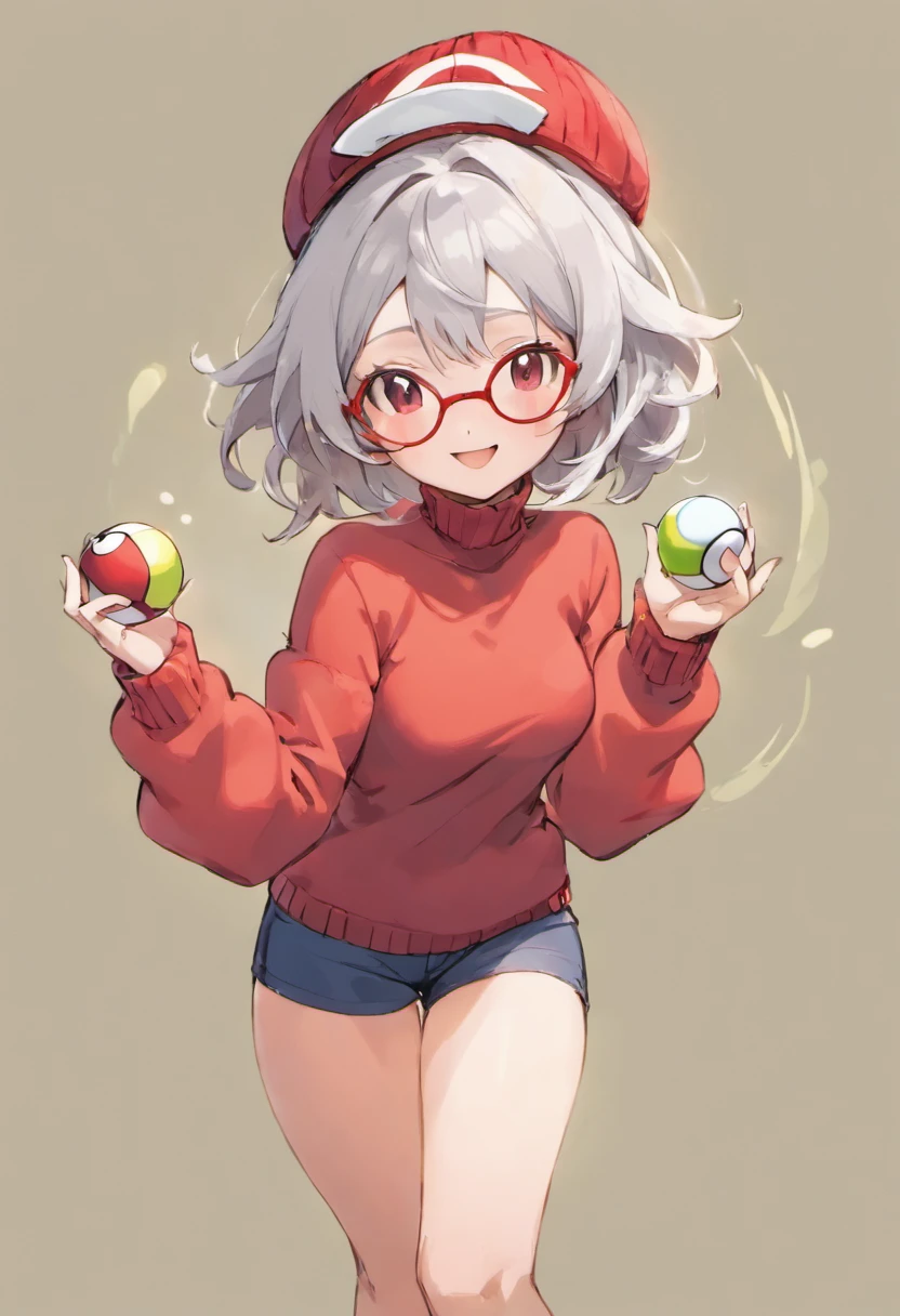 Sticking your right hand forward,Turtleneck knitwear,Red glasses,Hi-Res, 1womanl,Pose with your right arm stretched forward, 独奏,Holding a Poké Ball in Your Hands, grey eyes, white hair, Red glasses,Red Baseball Cap, Red knitted turtleneck with long sleeves, White shorts, a belt, Grassy, deph of field, The best smile, Stick out the arm holding the poké ball, put hands on the hip,