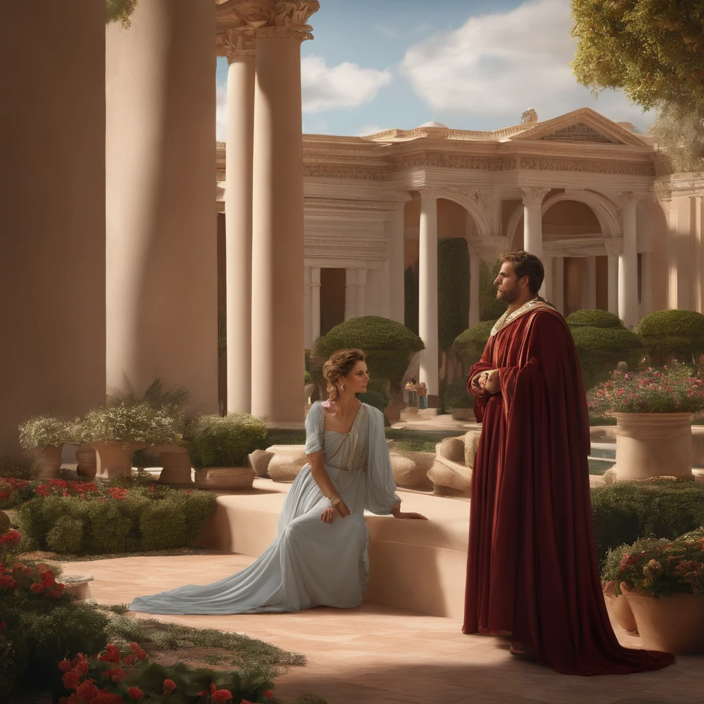 Bruto:

Bruto vestido con una toga romana, standing in the center of the garden.
Your thoughtful, worried expression as you struggle with your thoughts.
Porcia:

Porcia approaching Brutus with a worried look on his face.
Dressed in an elegant robe.
Ligario:

Ligario in a corner of the garden, observing the conversation between Brutus and Porcia.
Dressed in discreet clothes and a certain expression.
Caesar's Palace:

En el fondo, a structure representing Caesar's palace.
A subtle change in lighting and background music to indicate that important political decisions are being made there.