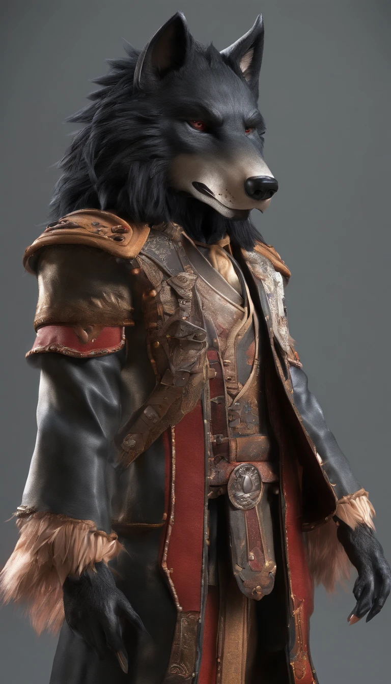 black hair wolf in costume. have a cigarette in your hand. Keep the collar of the costume closed