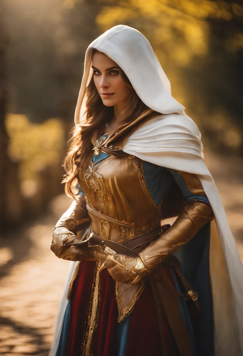 Uma foto de corpo inteiro da Princesa Zelda, brown hair, olhos azuis, vestido como um Assassino de Assassins Creed, em branco+gold with a white mask and hood with golden details, Busto XL, using a wrist blade. Background Story: A city during the Renaissance period. Motor Unreal 5, anime, estilo anime, master part, olhos bem desenhados, rosto bem desenhado, olhos bem detalhados, rosto bem detalhado, 8k, Efeito de Luz e Sombra.