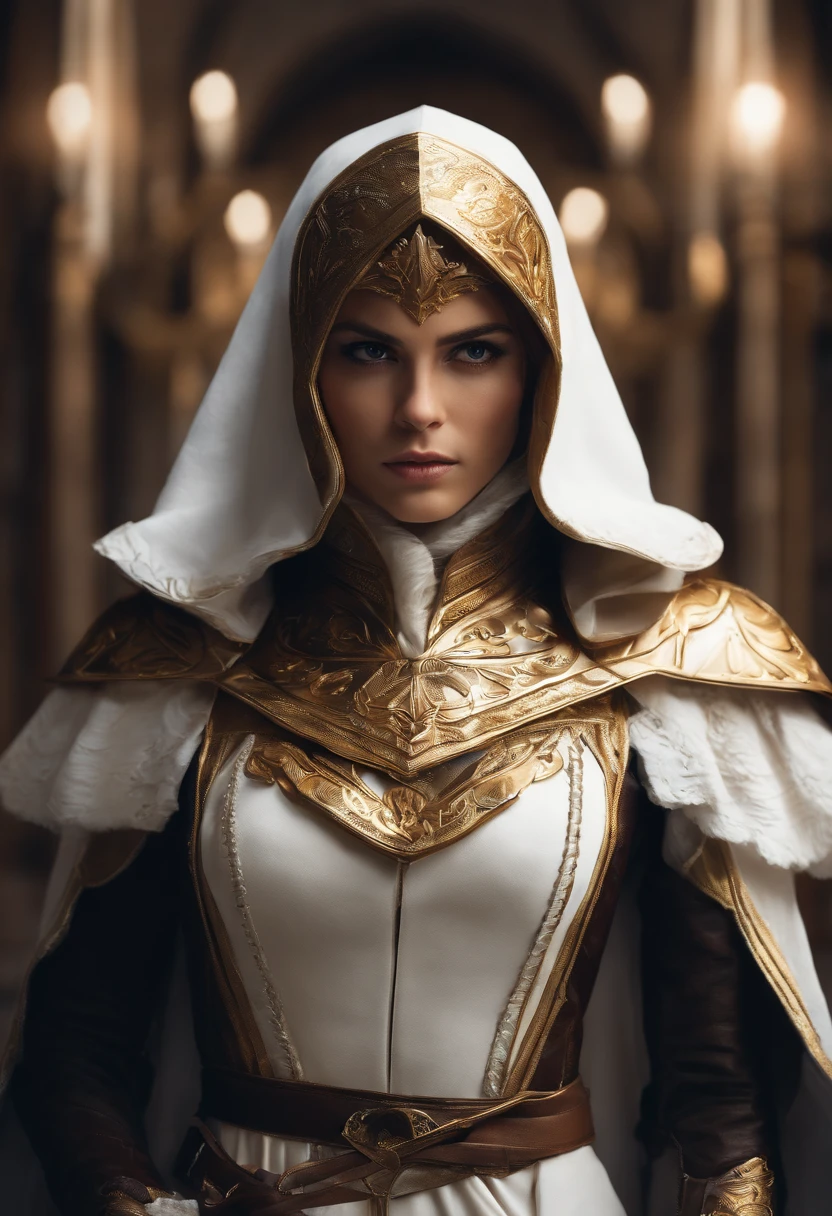 Uma foto de corpo inteiro da Princesa Zelda, brown hair, olhos azuis, vestido como um Assassino de Assassins Creed, em branco+gold with a white mask and hood with golden details, Busto XL, using a wrist blade. Background Story: A city during the Renaissance period. Motor Unreal 5, anime, estilo anime, master part, olhos bem desenhados, rosto bem desenhado, olhos bem detalhados, rosto bem detalhado, 8k, Efeito de Luz e Sombra.