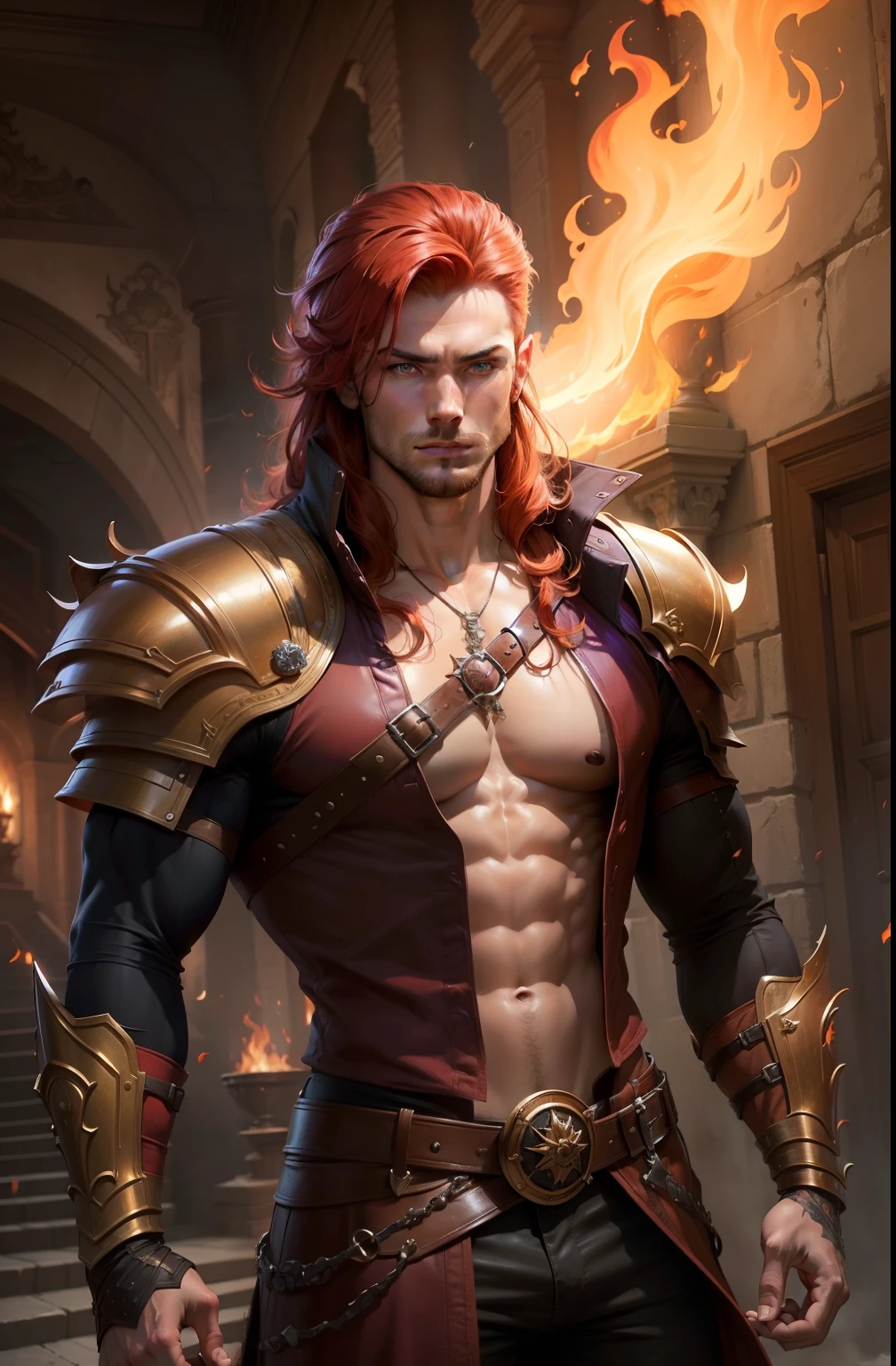 masterpiece)), ((best quality)), ((highres)),Rogue,nude, sexy,Red Hair,man, handsome, muscular, fantasy, art,magic,young man,young, handsome,fire, purple eyes, purple eyes,large dick