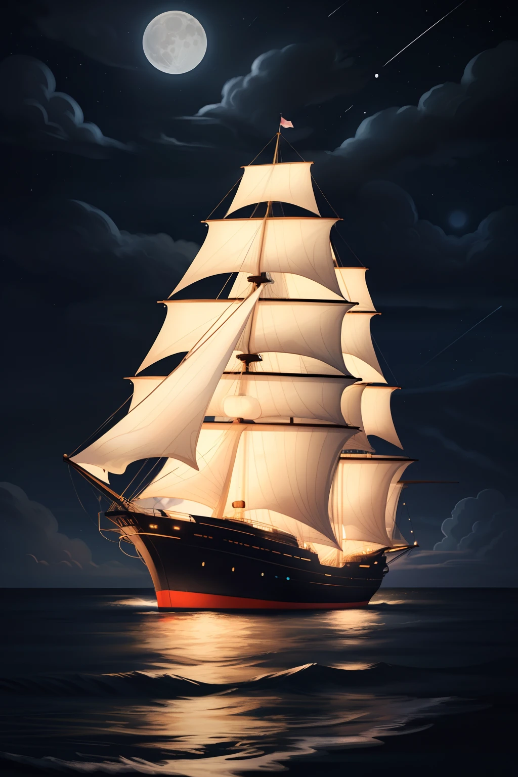 neon light art, in the dark of night, a tall ship sails across moonlit seas, clouds, moon, stars, colorful, detailed, 4k