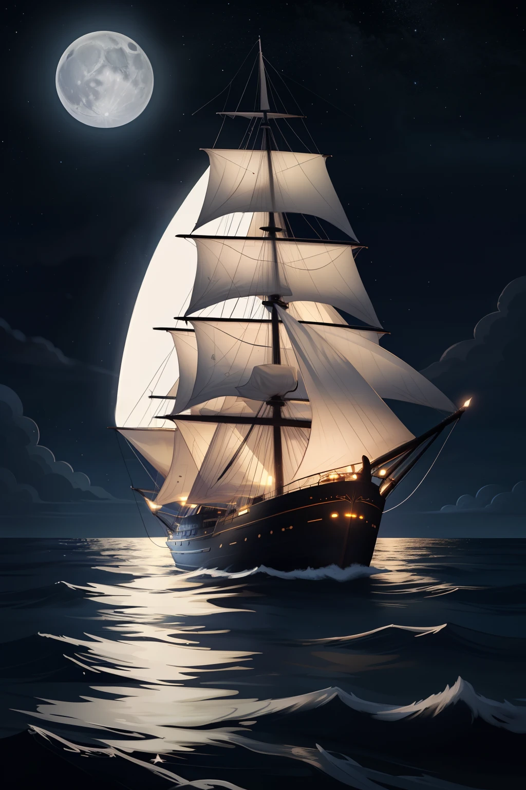 neon light art, in the dark of night, a tall ship sails across moonlit seas, clouds, moon, stars, colorful, detailed, 4k
