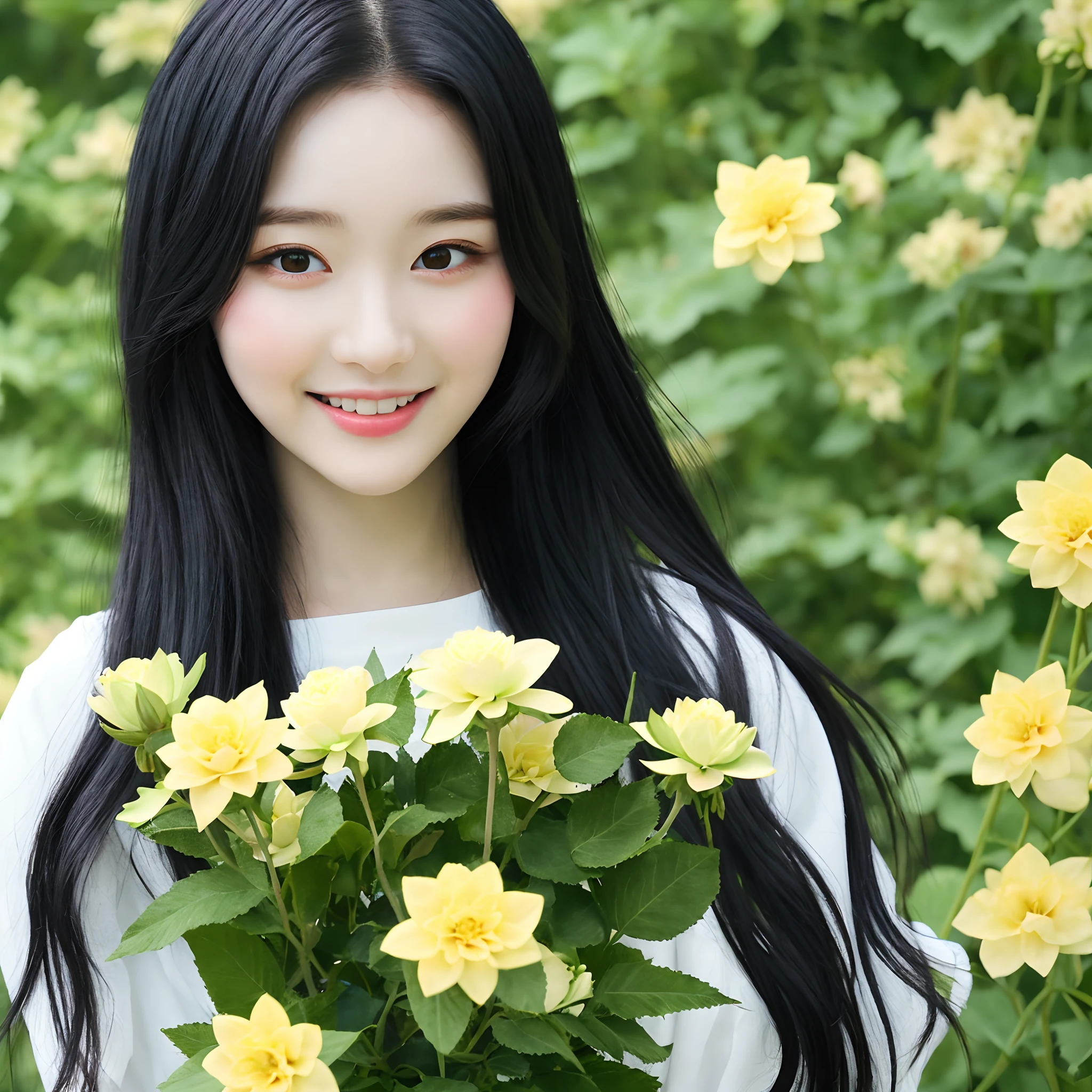 Black-haired girl holding flowers
