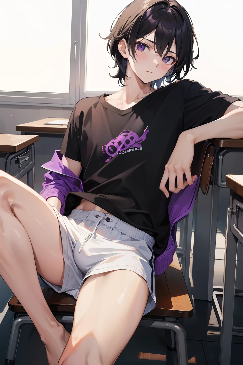 (best quality,highres,masterpiece:1.2),1boy,[18-year-old],[],[mesomorph body],black hair,purple tired eyes,waking up in a classroom