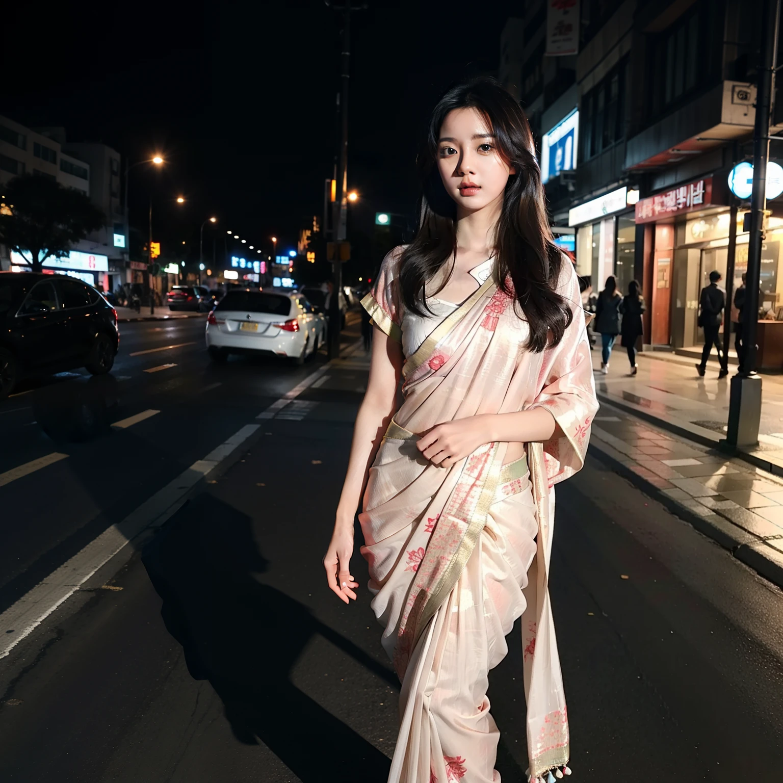 Hot Korean girl in saree on street , closup image , hyper realistic Image