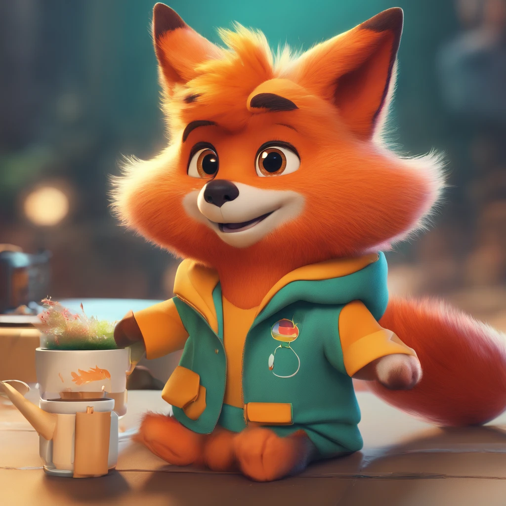 Adorable fox in Pixar movie style, Wearing a hood, cinematic lightening, Depth detection, ultra-detailliert, The 8k quality.  depth of fields，Perfect Lighting，light Particle，（Best Quality），（tmasterpiece），（ultra - detailed），Sharp Focus，light Particle，rainbows，Fox，Man's，God's Eye，Green_eye，up looking_In_viewer，Smile，Very few，Furry， Tiere_ear_fluff，Open Sky_attire，Waisted with one hand，Upper body，tail，Short-sleeved shirt，Eyeglasses，sunbeams，Soft smile，From below，holding coffee(Fox, Furry, anthropomorphic), Man's, Best Quality, Human-like body shape), Watch viewers with orange hoodies and sunglasses holding mobile phones, Fox, avatar image, In a futuristic outfit, CG Settings ),CA, professional art, cgsociety - w 1 0 2 4 - n 8 - i,The name is Kang, Your name is Kang