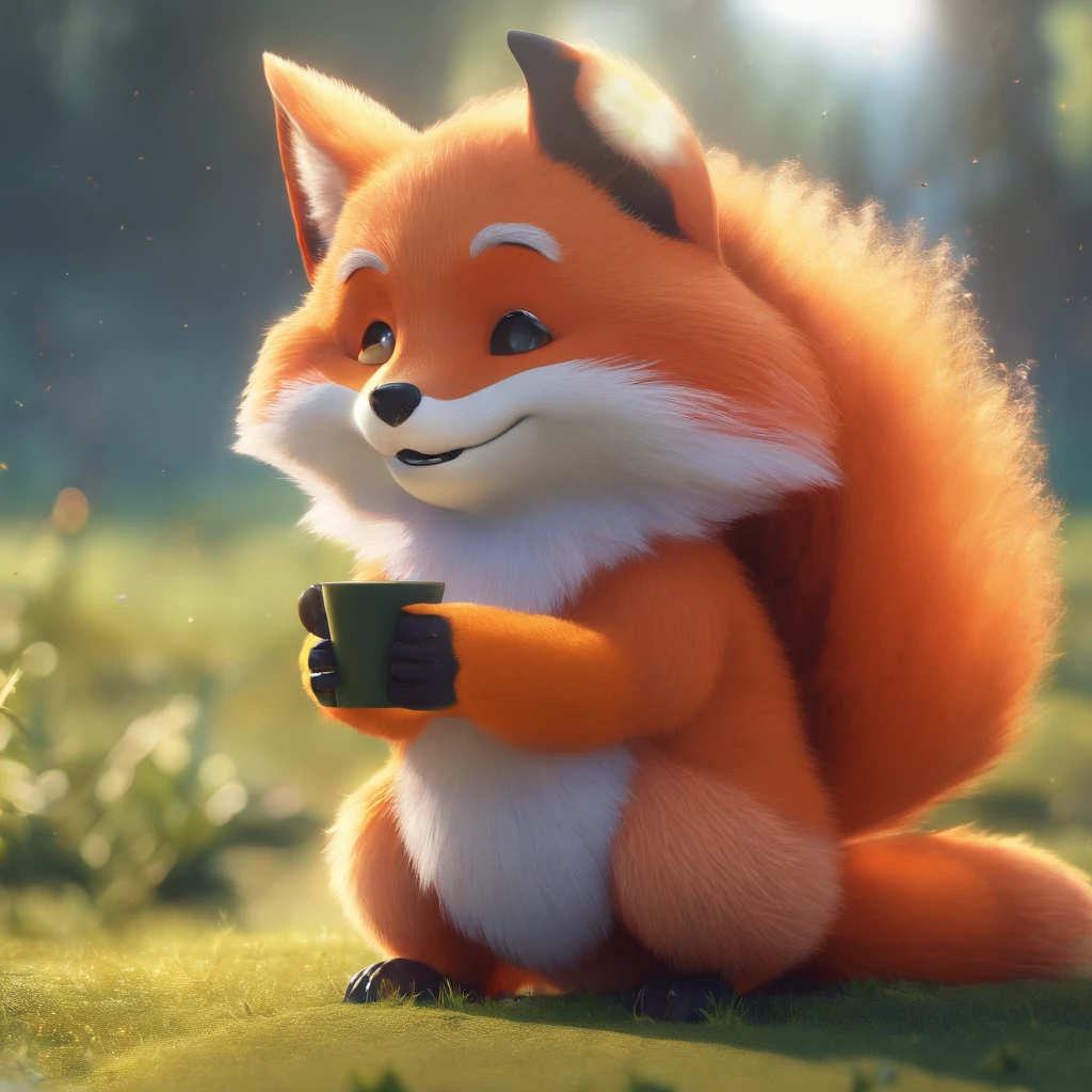 Adorable fox in Pixar movie style, Wearing a hood, cinematic lightening, Depth detection, ultra-detailliert, The 8k quality.  depth of fields，Perfect Lighting，light Particle，（Best Quality），（tmasterpiece），（ultra - detailed），Sharp Focus，light Particle，rainbows，Fox，Man's，God's Eye，Green_eye，up looking_In_viewer，Smile，Very few，Furry， Tiere_ear_fluff，Open Sky_attire，Waisted with one hand，Upper body，tail，Short-sleeved shirt，Eyeglasses，sunbeams，Soft smile，From below，holding coffee(Fox, Furry, anthropomorphic), Man's, Best Quality, Human-like body shape), Watch viewers with orange hoodies and sunglasses holding mobile phones, Fox, avatar image, In a futuristic outfit, CG Settings ),CA, professional art, cgsociety - w 1 0 2 4 - n 8 - i,The name is Kang, Your name is Kang