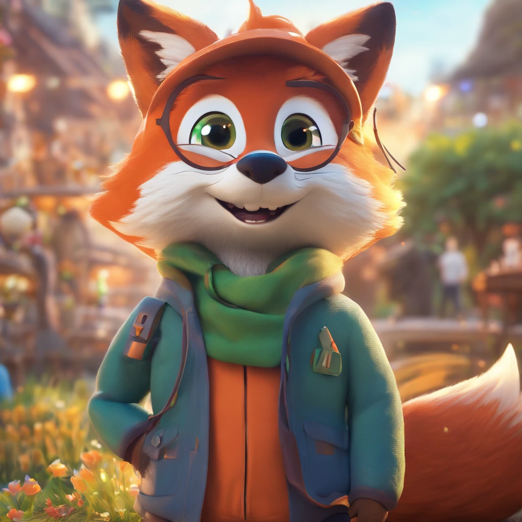 Adorable fox in Pixar movie style, Wearing a hood, cinematic lightening, Depth detection, ultra-detailliert, The 8k quality.  depth of fields，Perfect Lighting，light Particle，（Best Quality），（tmasterpiece），（ultra - detailed），Sharp Focus，light Particle，rainbows，Fox，Man's，God's Eye，Green_eye，up looking_In_viewer，Smile，Very few，Furry， Tiere_ear_fluff，Open Sky_attire，Waisted with one hand，Upper body，tail，Short-sleeved shirt，Eyeglasses，sunbeams，Soft smile，From below，holding coffee(Fox, Furry, anthropomorphic), Man's, Best Quality, Human-like body shape), Watch viewers with orange hoodies and sunglasses holding mobile phones, Fox, avatar image, In a futuristic outfit, CG Settings ),CA, professional art, cgsociety - w 1 0 2 4 - n 8 - i,The name is Kang, Your name is Kang