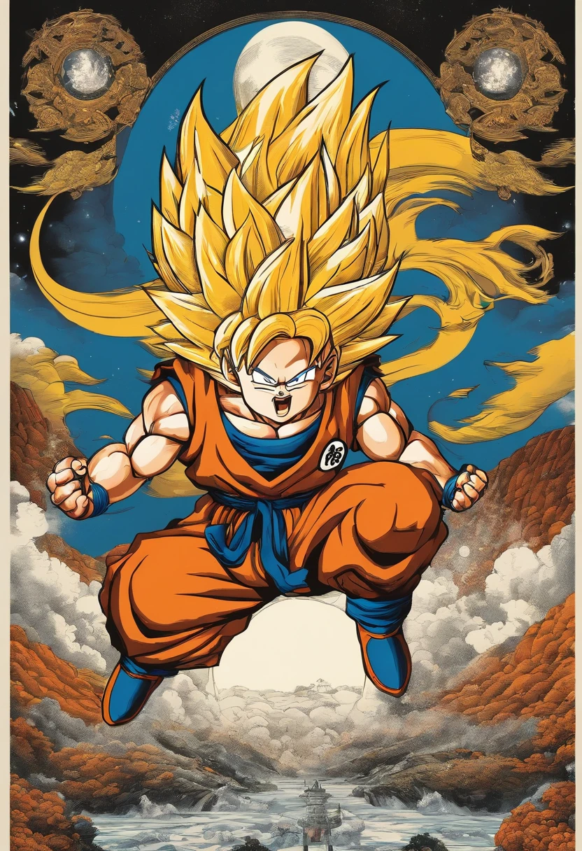 "Create a stunning manga poster inspired by Akira Toriyama's Dragon Ball, mostrando al legendario Son Gokui en todo su esplendor."