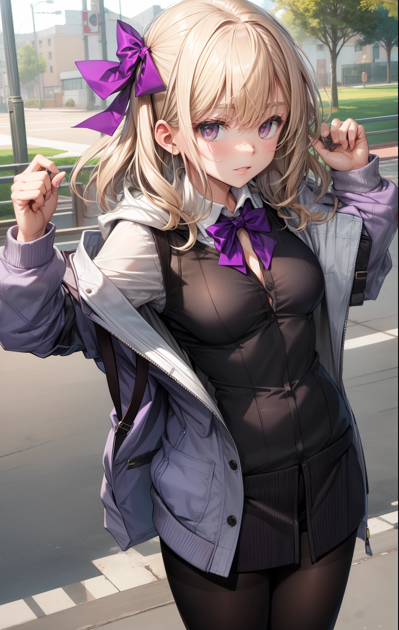Black pantyhose, Bow, Collared shirt, hoods, hooded jacket, Jacket, Open your clothes, Open jacket, Open Shirt, pantyhose, Purple bow, Purple jacket, School uniform, Shirt, sleeves past wrists, Unbuttoned shirt, White shirt,