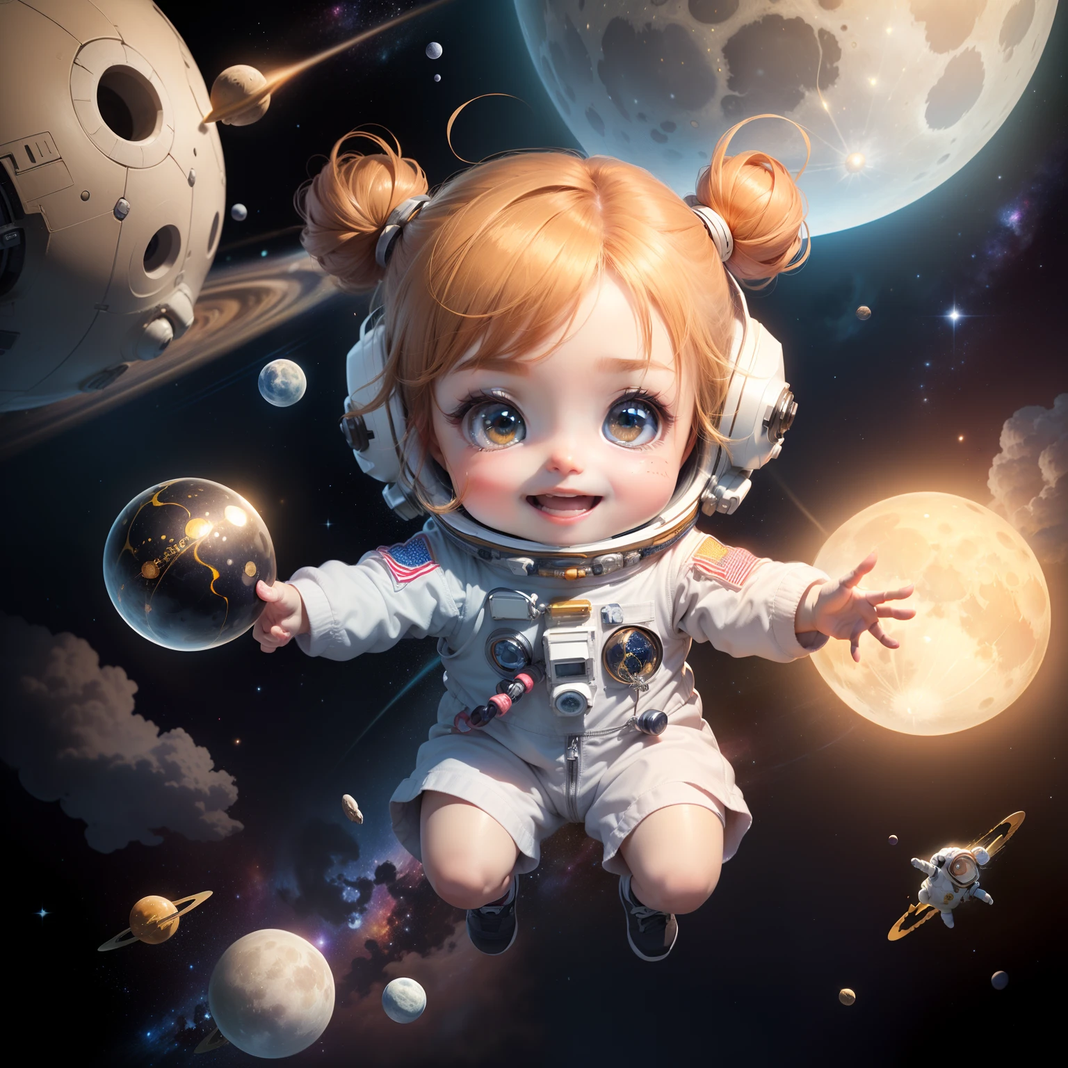 Cute  Chibi Anime、(((Chibisud)） (top-quality),(masutepiece)、Chibi Astronaut、cosmic space、Dosey、meteorite、fullmoon、Open your mouth and smile、A detailed face、Detailed details、levitation、Jumping、